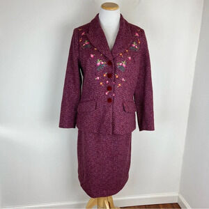 Kenzo Studio Vintage Designer Tweed 2 Piece Suit Blazer Jacket Skirt Set Pink